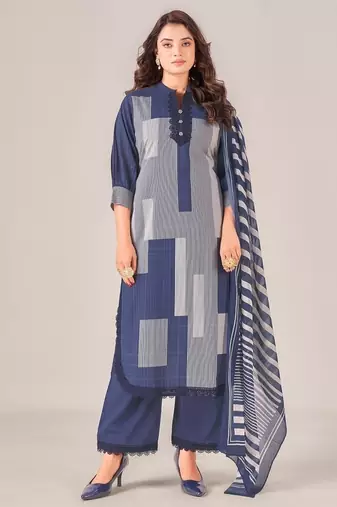 Navy blue cotton printed hand embroidery kurta set with dupatta