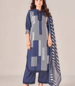Navy blue cotton printed hand embroidery kurta set with dupatta