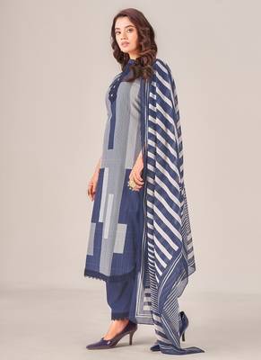 Navy blue cotton printed hand embroidery kurta set with dupatta 2