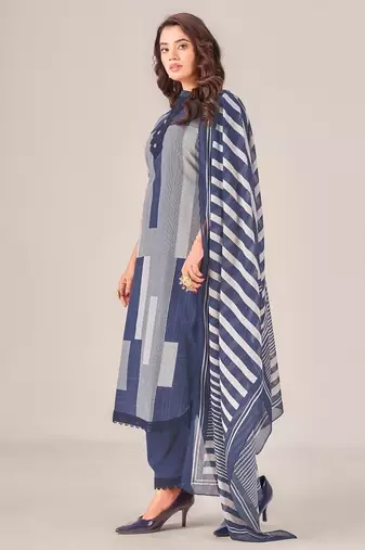 Navy blue cotton printed hand embroidery kurta set with dupatta