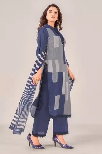 Navy blue cotton printed hand embroidery kurta set with dupatta