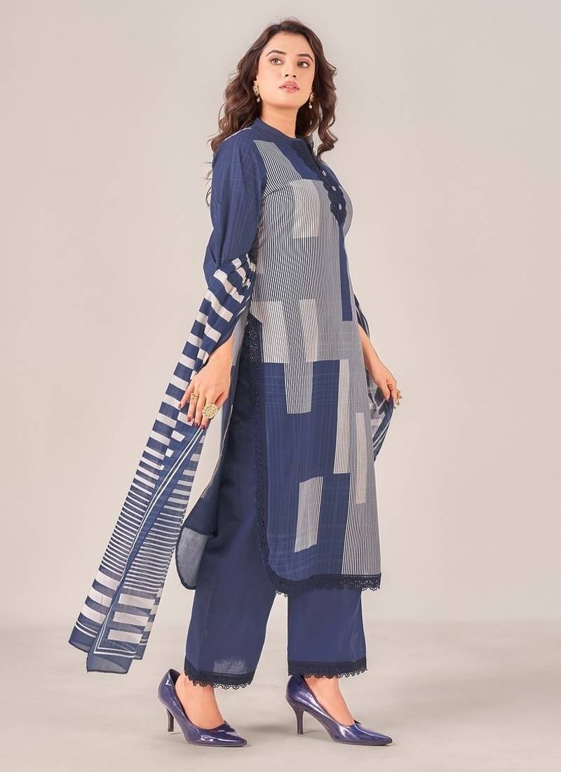 Navy blue cotton printed hand embroidery kurta set with dupatta