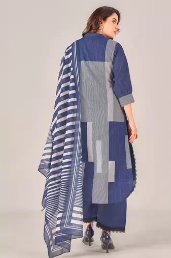 Navy blue cotton printed hand embroidery kurta set with dupatta