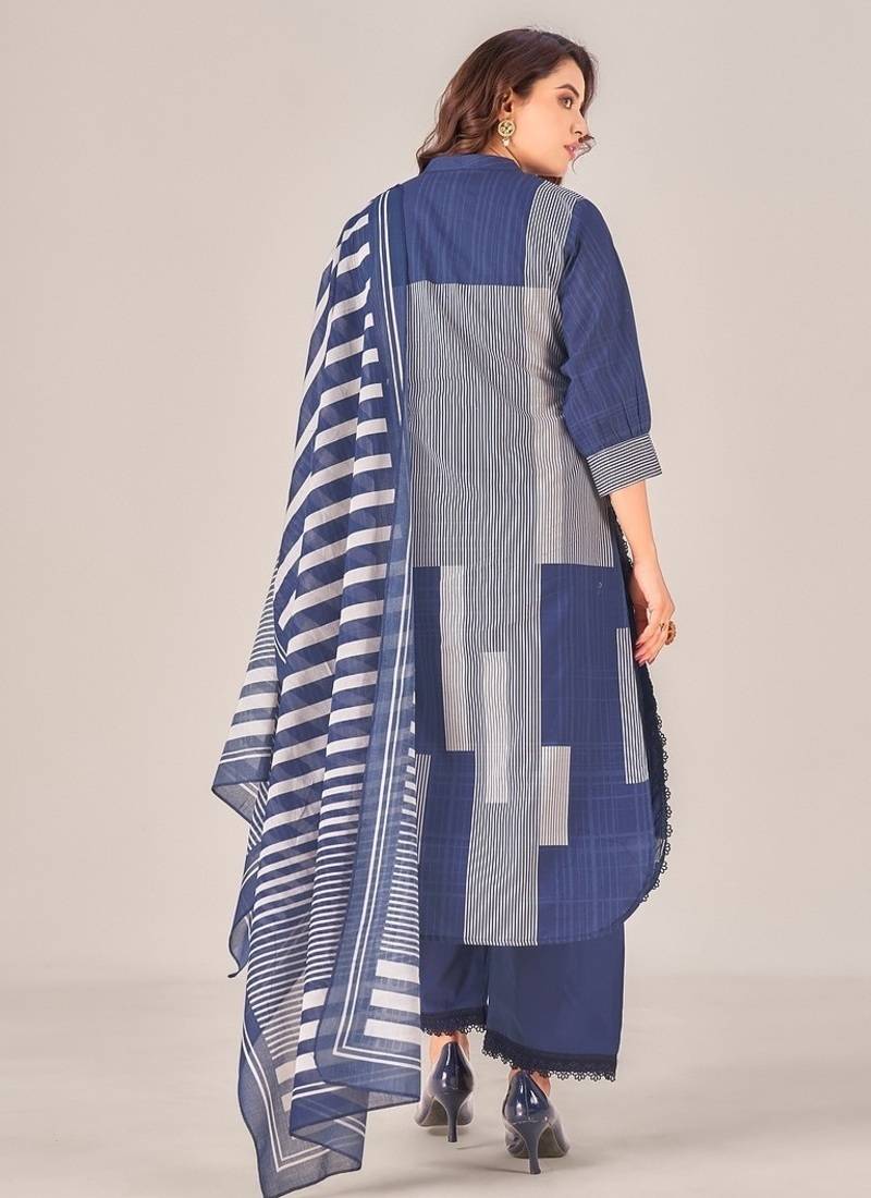 Navy blue cotton printed hand embroidery kurta set with dupatta