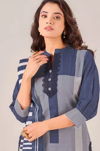 Navy blue cotton printed hand embroidery kurta set with dupatta
