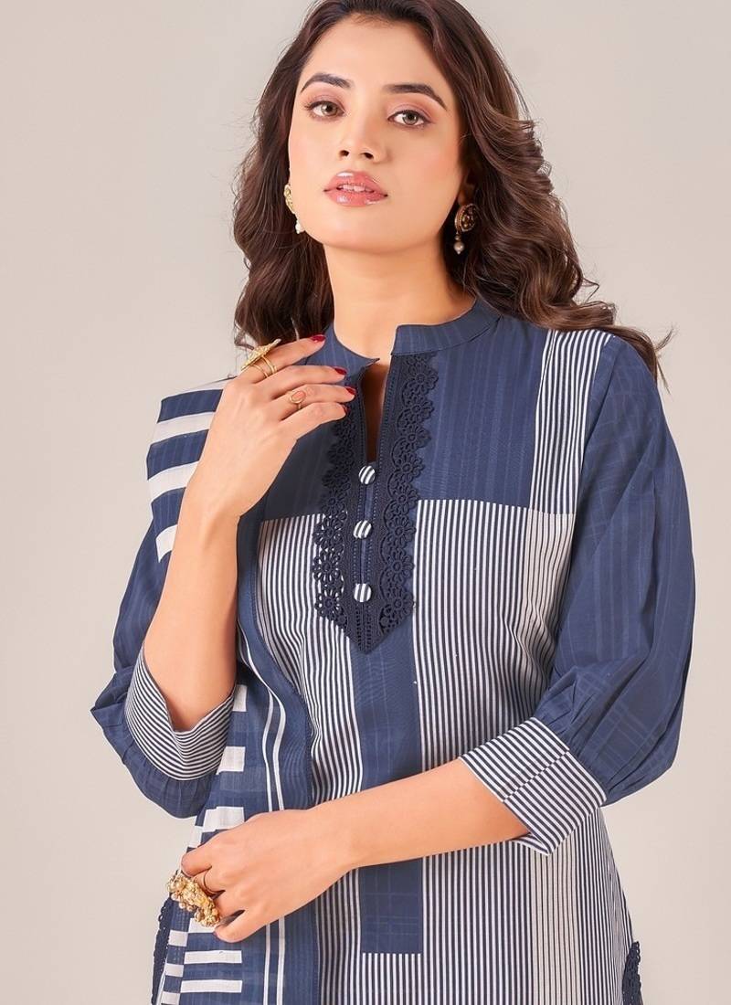 Navy blue cotton printed hand embroidery kurta set with dupatta