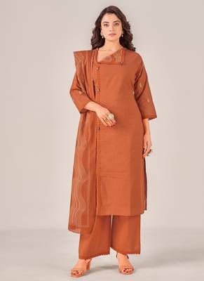 Brown cotton printed hand embroidery kurta set with dupatta 1
