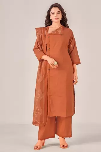Brown cotton printed hand embroidery kurta set with dupatta