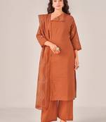 Brown cotton printed hand embroidery kurta set with dupatta
