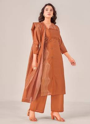 Brown cotton printed hand embroidery kurta set with dupatta 2