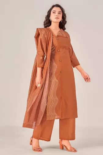 Brown cotton printed hand embroidery kurta set with dupatta