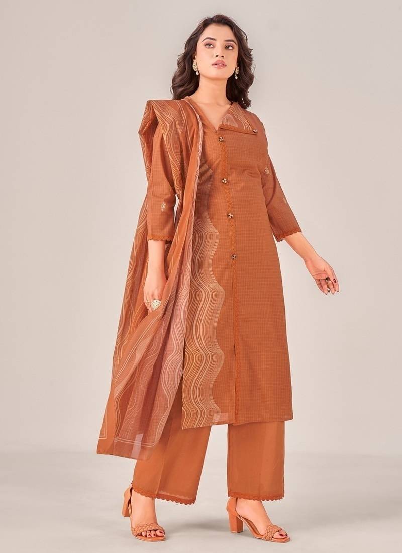 Brown cotton printed hand embroidery kurta set with dupatta