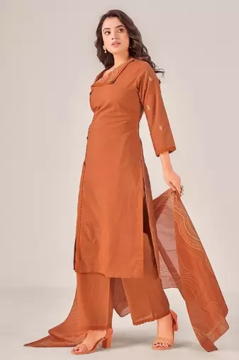 Brown cotton printed hand embroidery kurta set with dupatta