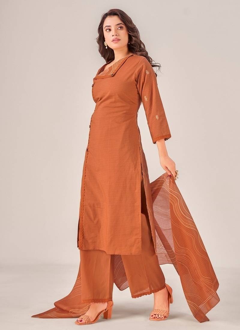 Brown cotton printed hand embroidery kurta set with dupatta