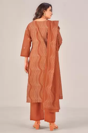 Brown cotton printed hand embroidery kurta set with dupatta