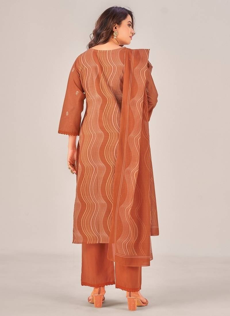 Brown cotton printed hand embroidery kurta set with dupatta