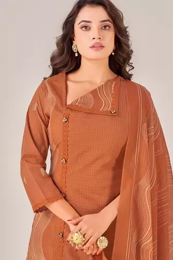 Brown cotton printed hand embroidery kurta set with dupatta