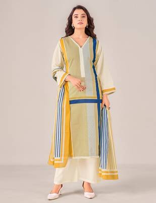 Cream cotton printed hand embroidery kurta set with dupatta 1