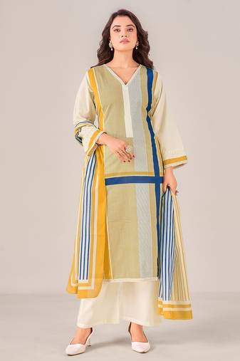 Cream cotton printed hand embroidery kurta set with dupatta