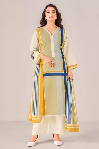 Cream cotton printed hand embroidery kurta set with dupatta