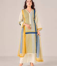 Cream cotton printed hand embroidery kurta set with dupatta