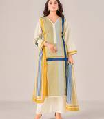 Cream cotton printed hand embroidery kurta set with dupatta