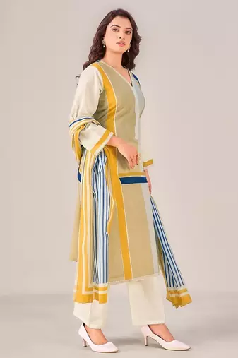 Cream cotton printed hand embroidery kurta set with dupatta