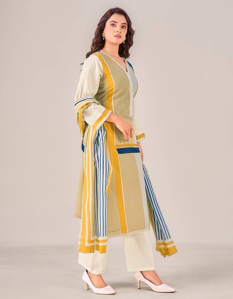 Cream cotton printed hand embroidery kurta set with dupatta