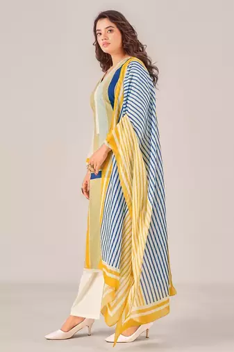 Cream cotton printed hand embroidery kurta set with dupatta