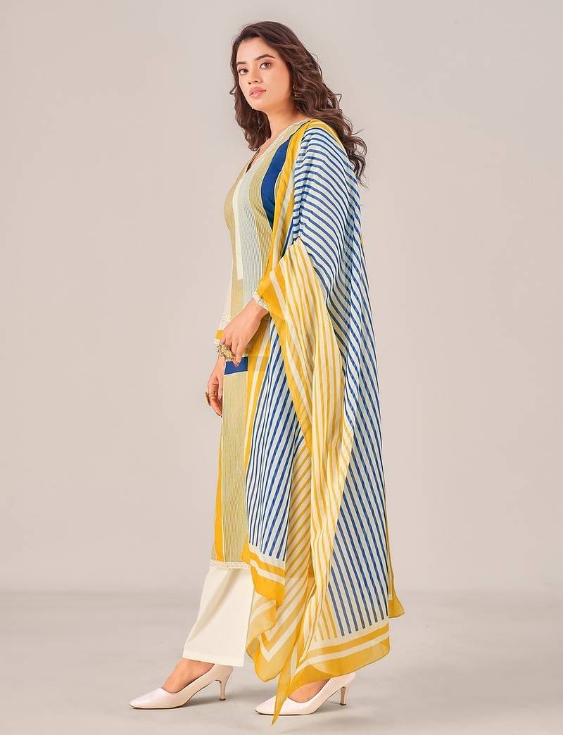 Cream cotton printed hand embroidery kurta set with dupatta