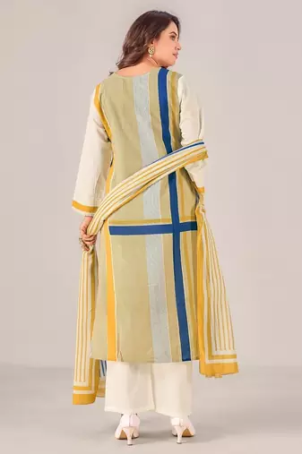 Cream cotton printed hand embroidery kurta set with dupatta