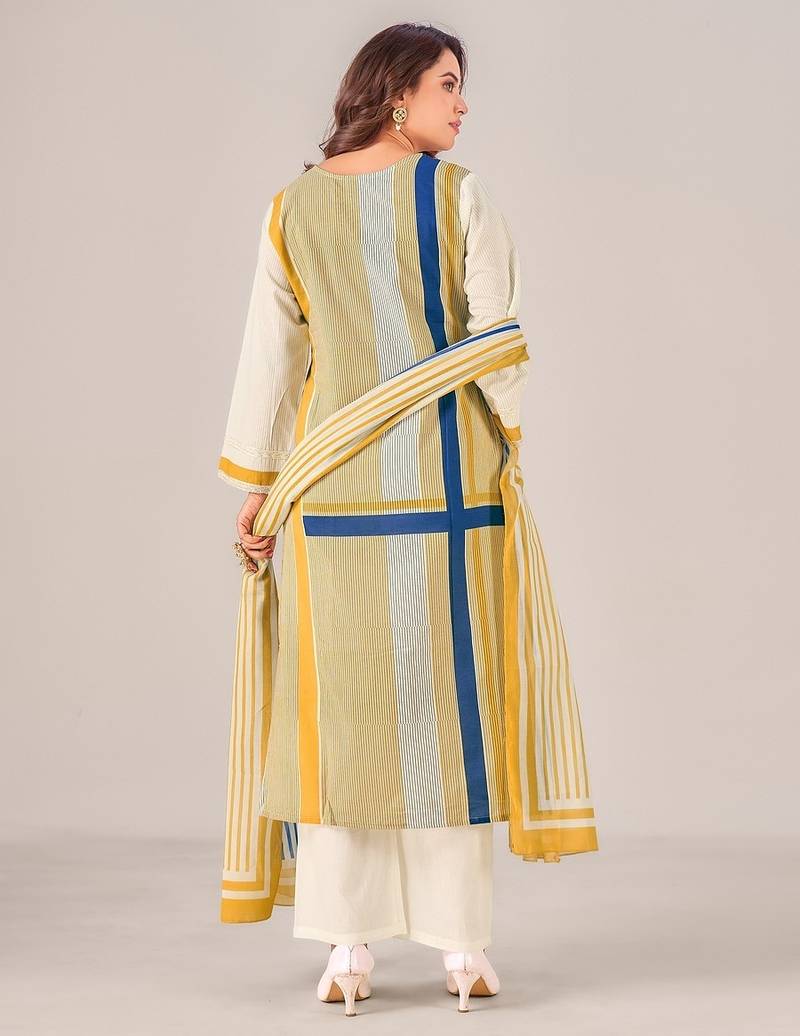 Cream cotton printed hand embroidery kurta set with dupatta