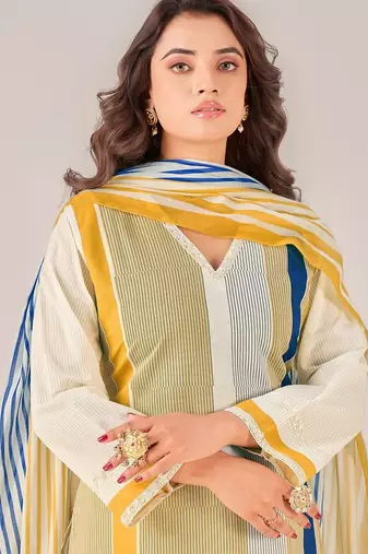 Cream cotton printed hand embroidery kurta set with dupatta