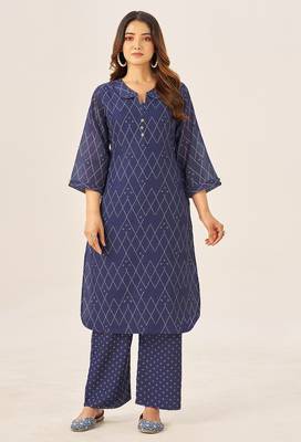 Cream cotton printed hand embroidery kurta set for women 1