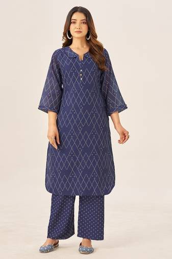 Cream cotton printed hand embroidery kurta set for women
