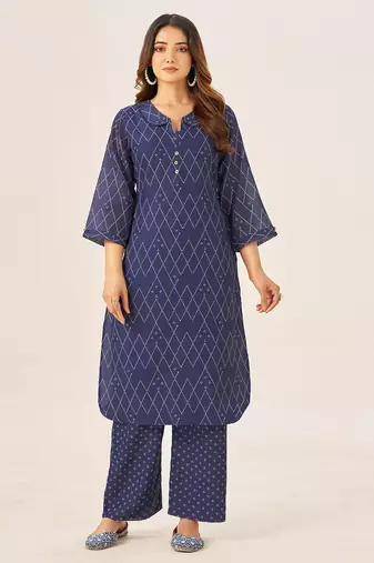 Cream cotton printed hand embroidery kurta set for women