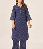 Cream cotton printed hand embroidery kurta set for women