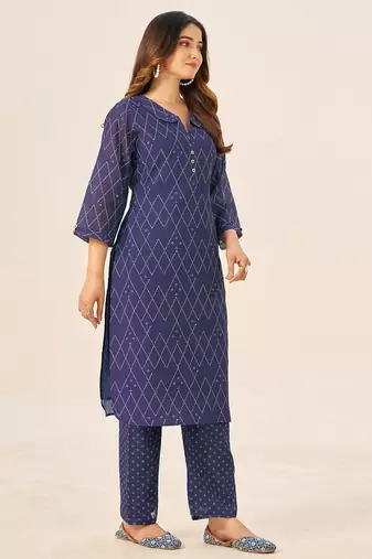 Cream cotton printed hand embroidery kurta set for women