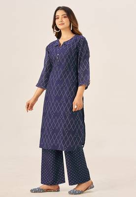 Cream cotton printed hand embroidery kurta set for women 3