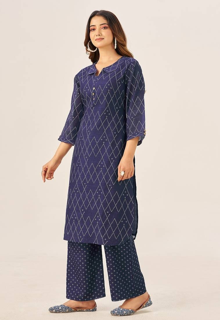 Cream cotton printed hand embroidery kurta set for women