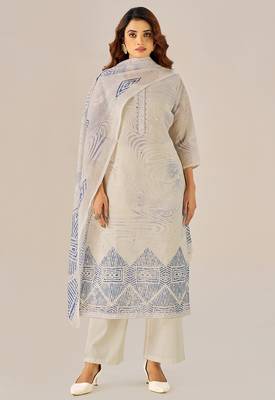 Cream linen printed hand embroidery kurta set with dupatta 1