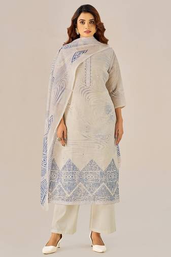 Cream linen printed hand embroidery kurta set with dupatta