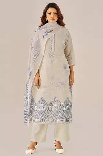 Cream linen printed hand embroidery kurta set with dupatta