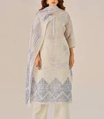 Cream linen printed hand embroidery kurta set with dupatta