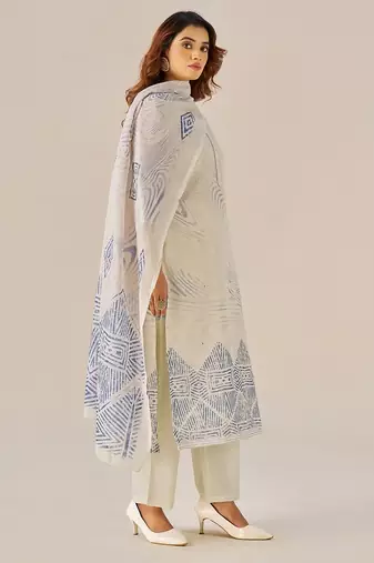 Cream linen printed hand embroidery kurta set with dupatta