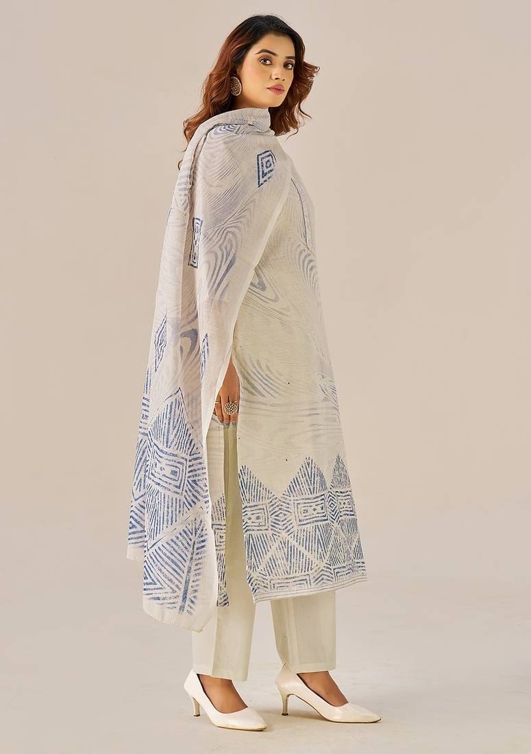 Cream linen printed hand embroidery kurta set with dupatta