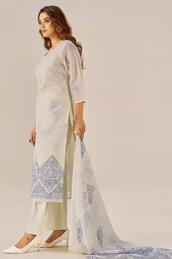 Cream linen printed hand embroidery kurta set with dupatta