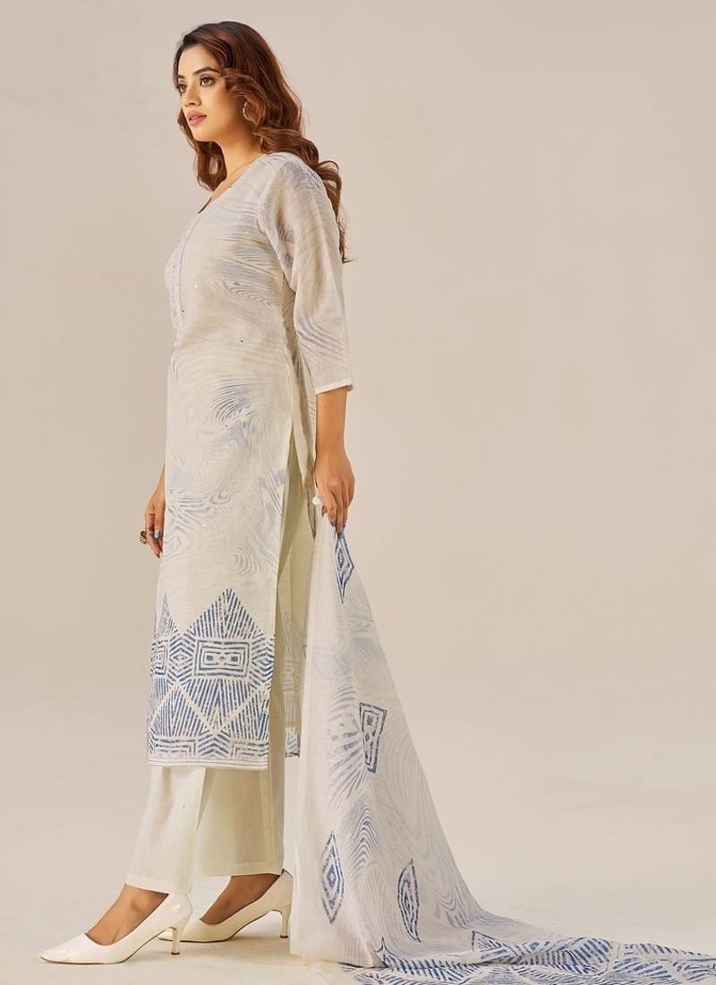 Cream linen printed hand embroidery kurta set with dupatta