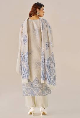 Cream linen printed hand embroidery kurta set with dupatta 4