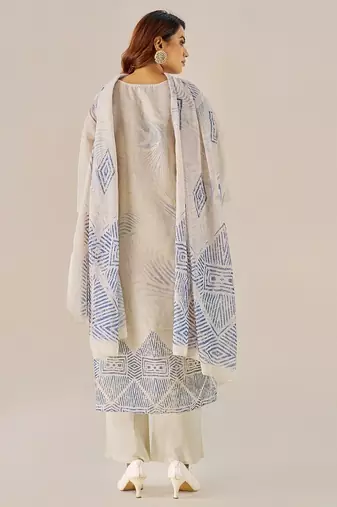 Cream linen printed hand embroidery kurta set with dupatta